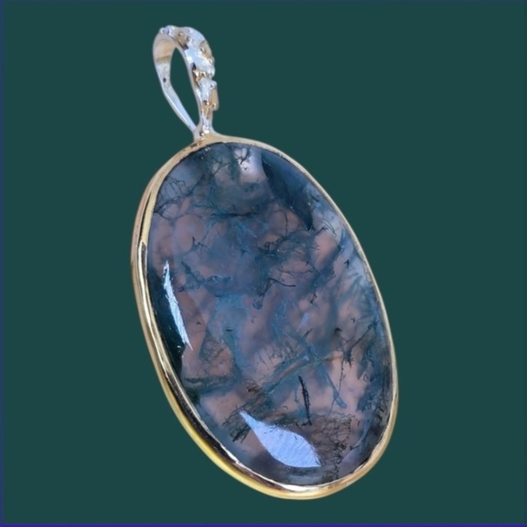 925 Sterling Silver Artizan-Made Pendant 22x45cm With Natural Moss Agate Gem 89$